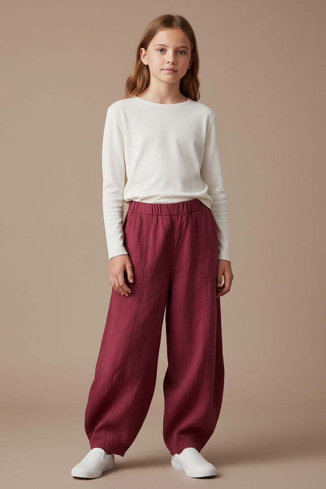 Pantalon Chino Bordeaux Ample Lin Femme Élégant