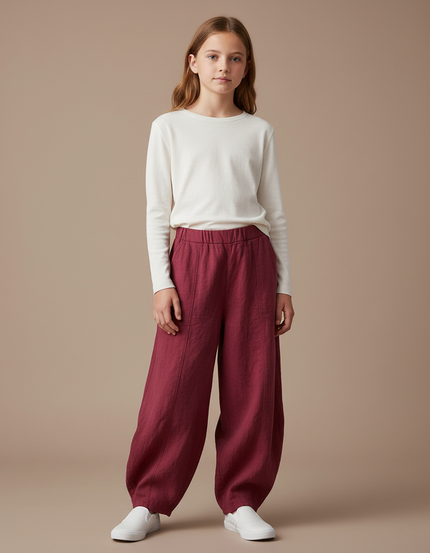 Pantalon Chino Bordeaux Ample Lin Femme Élégant