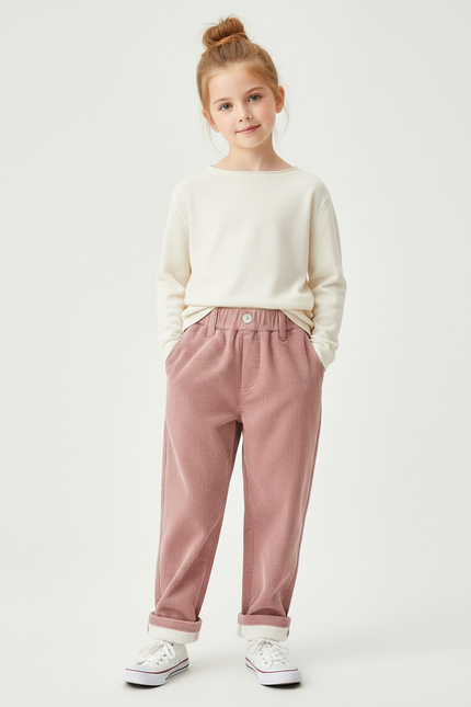 Pantalon Chino Rose Côtelé Ample Doublé Chaud - Cordé
