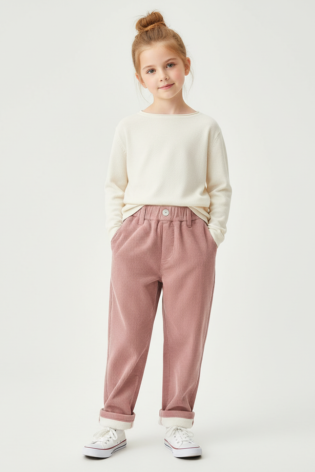 Pantalon Chino Rose Côtelé Ample Doublé Chaud - Cordé