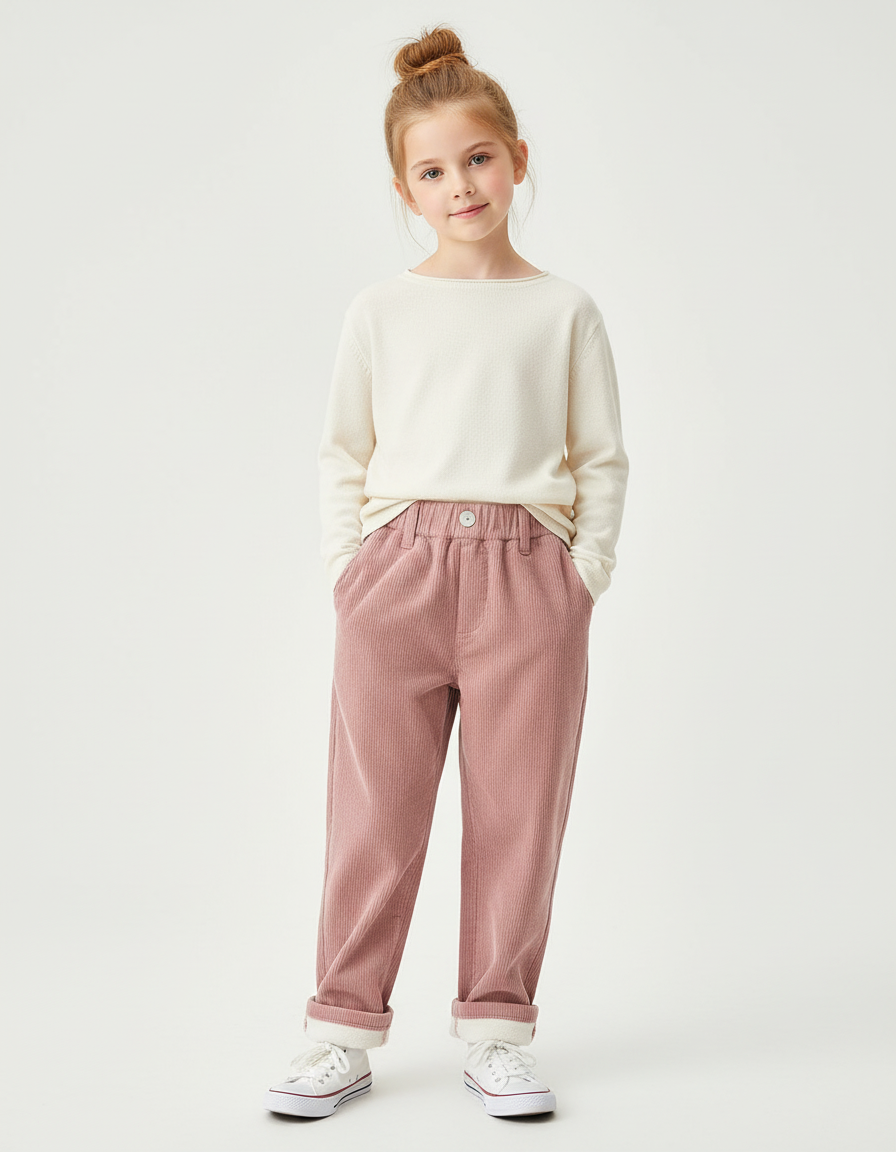 Pantalon Chino Rose Côtelé Ample Doublé Chaud - Cordé