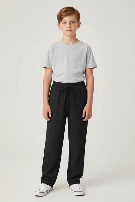 Pantalon Chino Noir Côtelé Ample Cordon Garçon Décontracté - Cordé