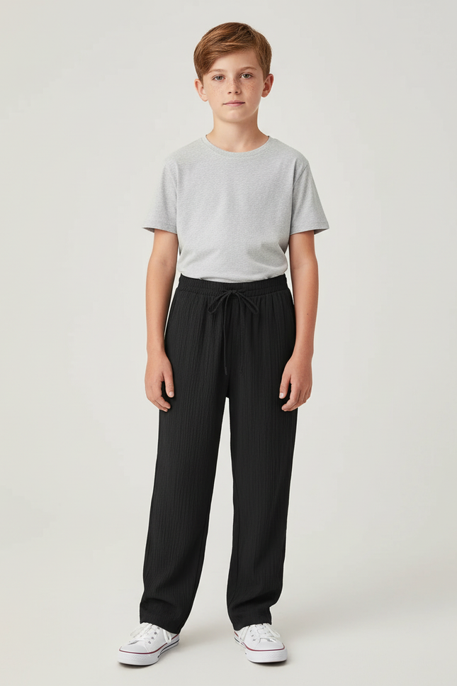 Pantalon Chino Noir Côtelé Ample Cordon Garçon Décontracté - Cordé
