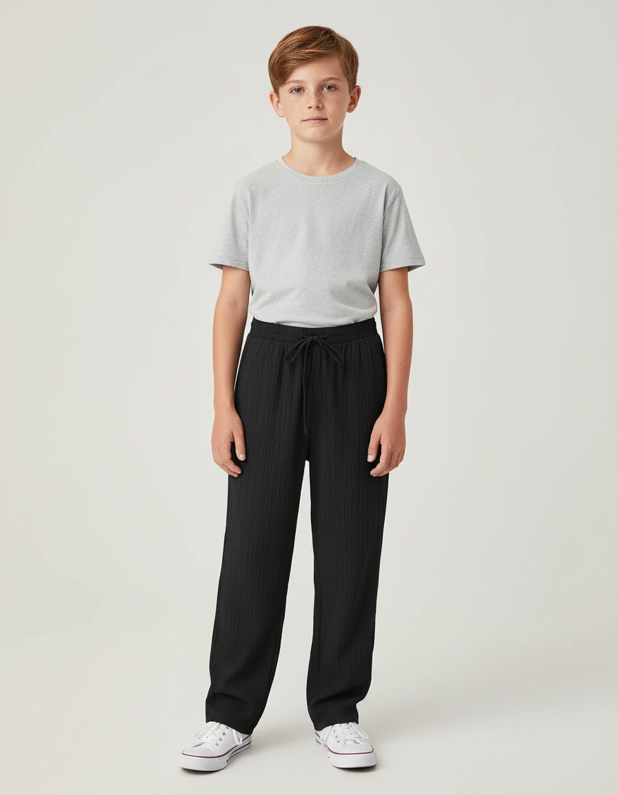 Pantalon Chino Noir Côtelé Ample Cordon Garçon Décontracté - Cordé