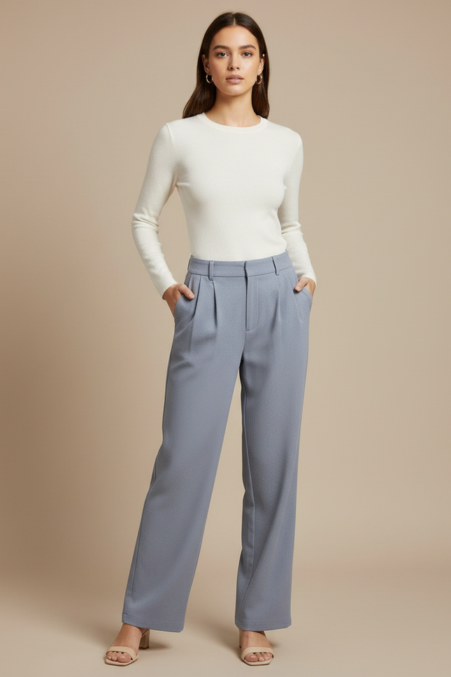 Pantalon Chino Femme Plissé Ample Bleu Décontracté - Polyester