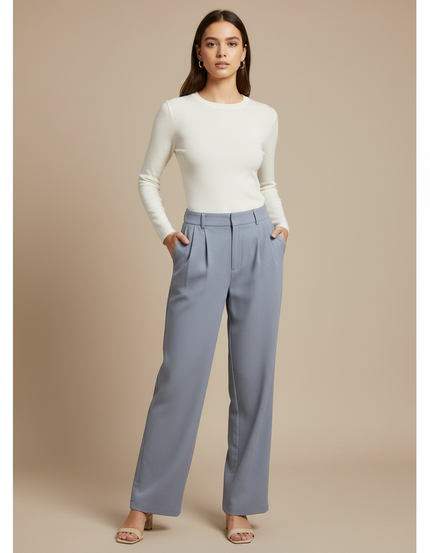 Pantalon Chino Femme Plissé Ample Bleu Décontracté - Polyester