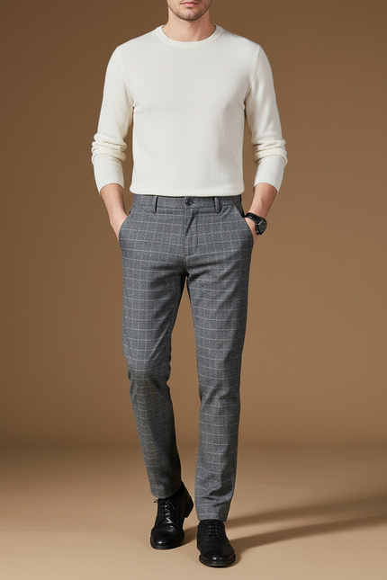 Pantalon Chino Gris Carreaux Slim Élégant Homme - Laine