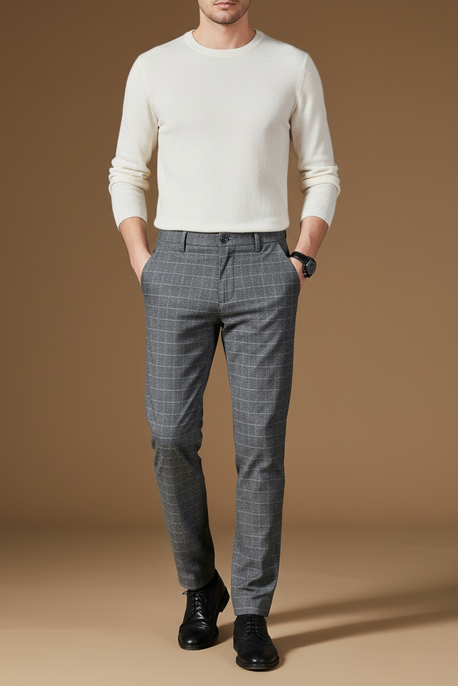 Pantalon Chino Gris Carreaux Slim Élégant Homme - Laine