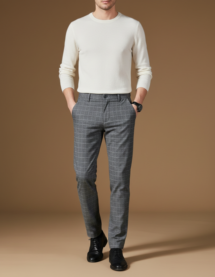 Pantalon Chino Gris Carreaux Slim Élégant Homme - Laine