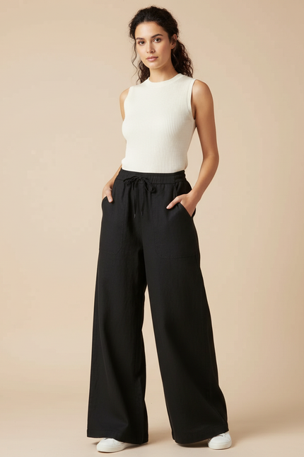 Pantalon Chino Noir Fluide Ample Cordon Lin