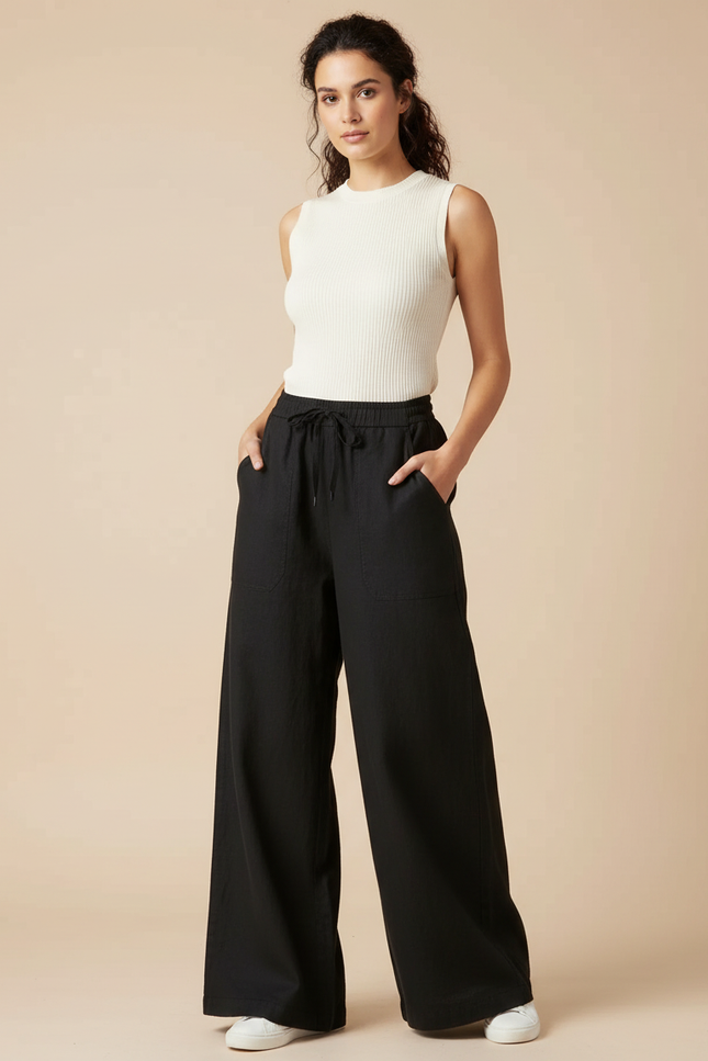 Pantalon Chino Noir Fluide Ample Cordon Lin