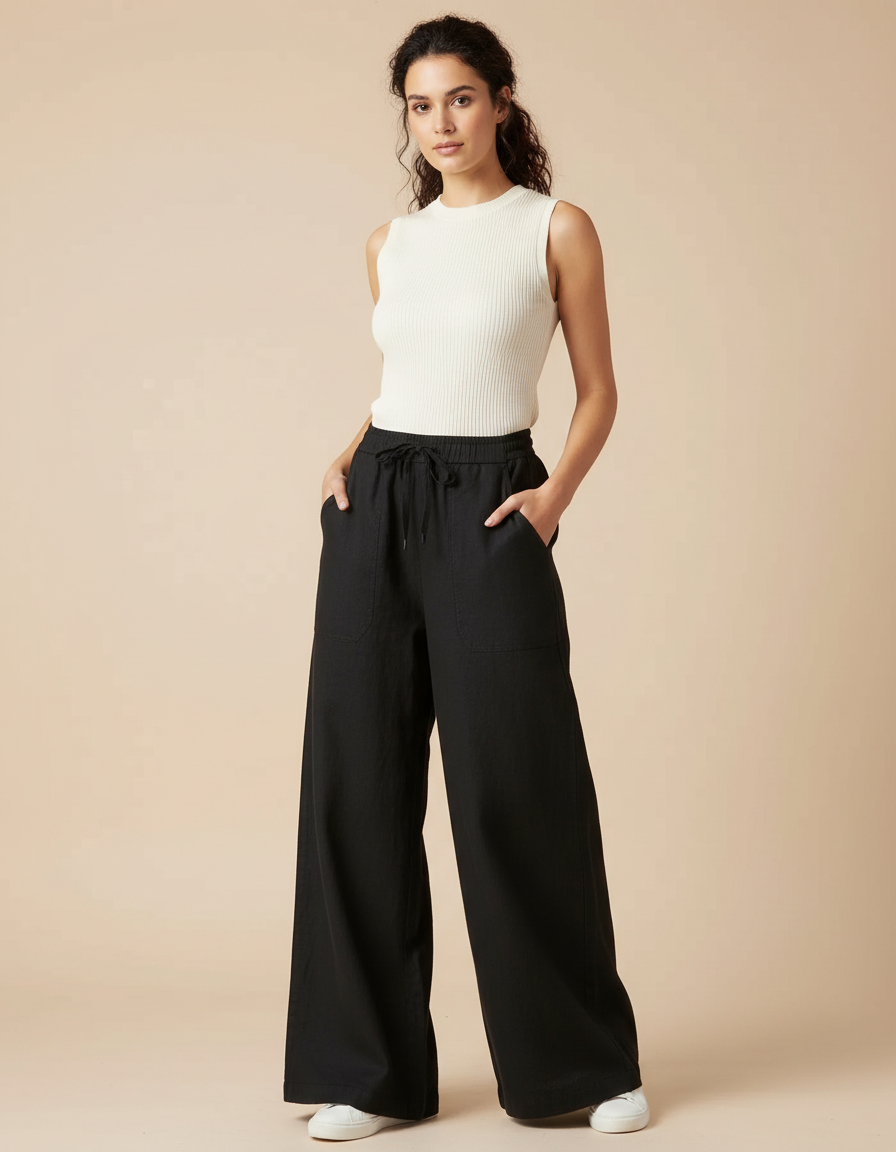 Pantalon Chino Noir Fluide Ample Cordon Lin