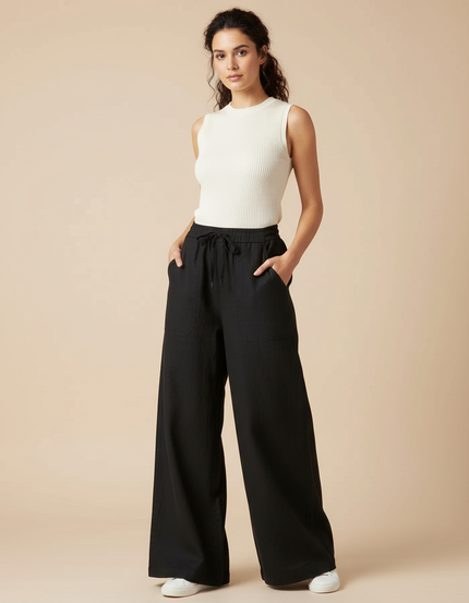 Pantalon Chino Noir Fluide Ample Cordon Lin