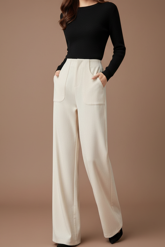Pantalon Chino Femme Beige Large Coton - Gabardine