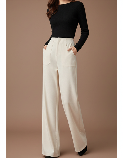 Pantalon Chino Femme Beige Large Coton - Gabardine