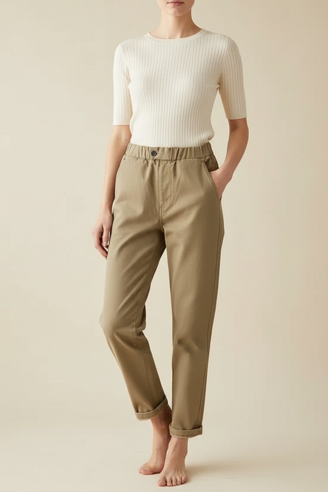Pantalon Chino Kaki Ample Coton Taille Élastique