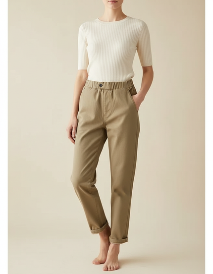 Pantalon Chino Kaki Ample Coton Taille Élastique