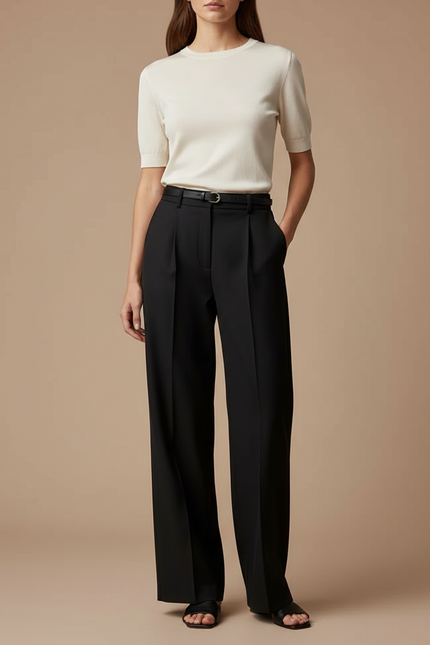Pantalon Chino Noir Ample Plissé Élégant Femme - Gabardine