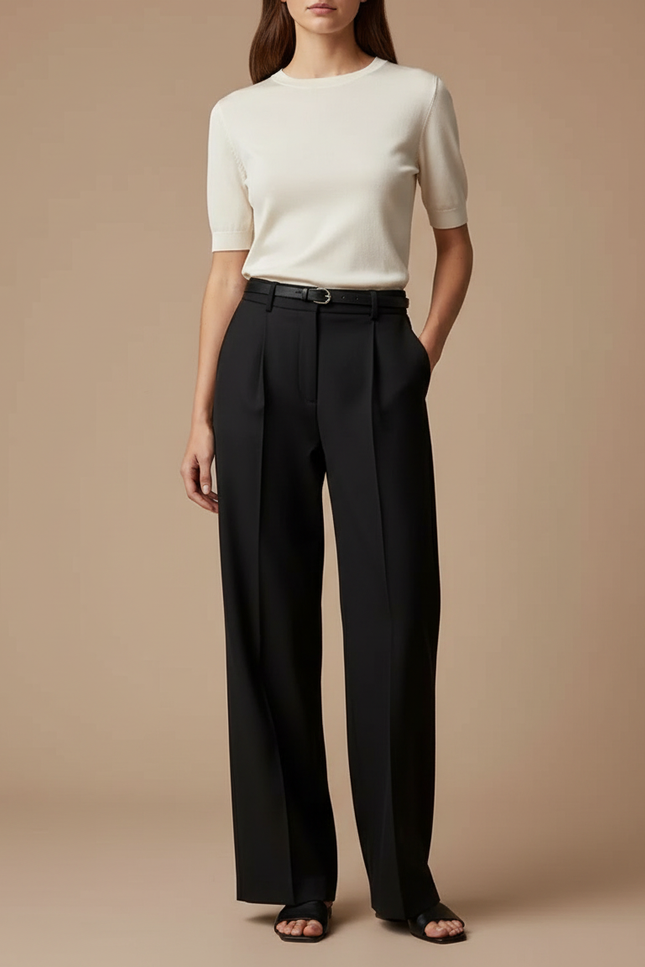 Pantalon Chino Noir Ample Plissé Élégant Femme - Gabardine