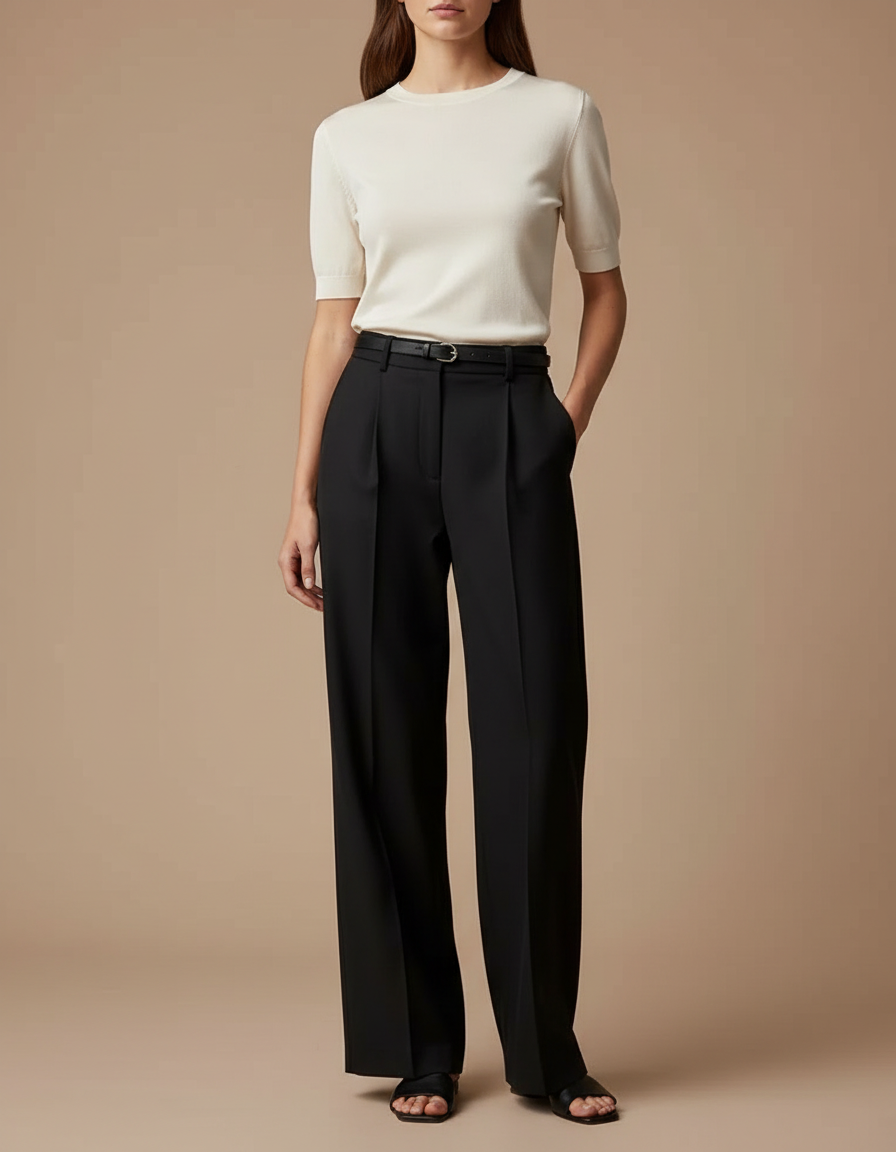 Pantalon Chino Noir Ample Plissé Élégant Femme - Gabardine