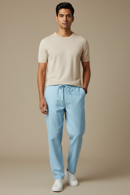 Pantalon Chino Bleu Ciel Lin Ample Cordon