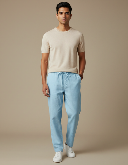 Pantalon Chino Bleu Ciel Lin Ample Cordon