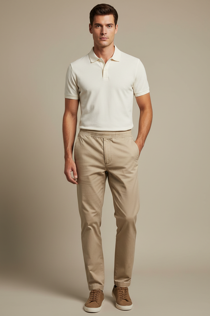 Pantalon Chino Beige Coton Fuselé Élastique Homme