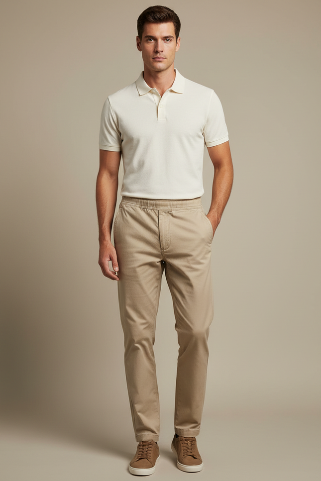 Pantalon Chino Beige Coton Fuselé Élastique Homme