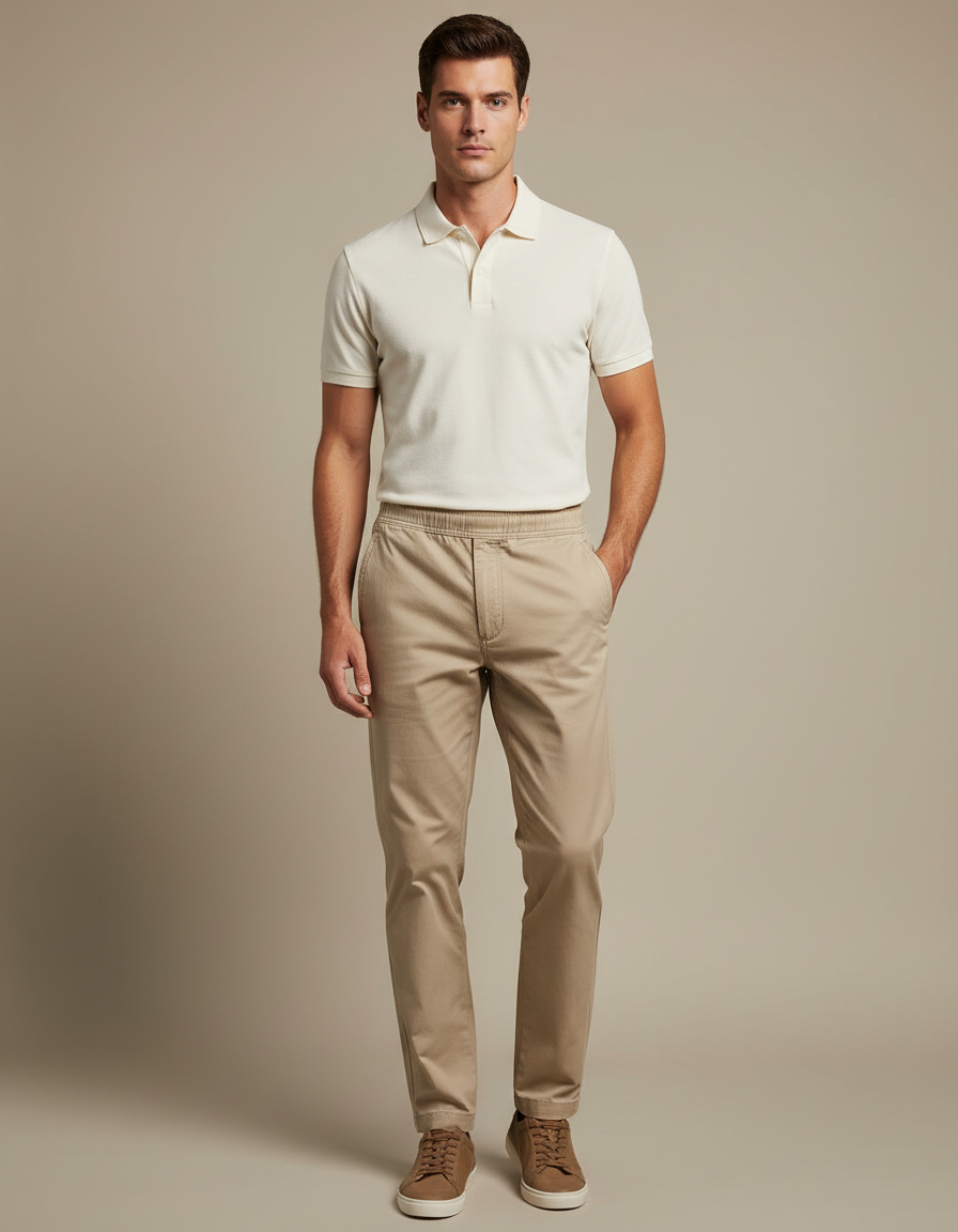 Pantalon Chino Beige Coton Fuselé Élastique Homme