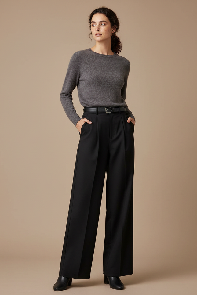 Pantalon Chino Femme Noir Large Habillé - Polyester