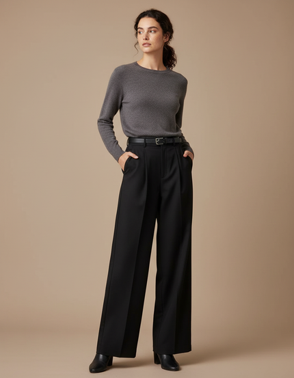 Pantalon Chino Femme Noir Large Habillé - Polyester