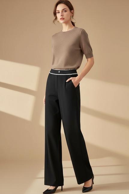 Pantalon Chino Noir Élastique Droit Rayure Blanche Femme - Polyester