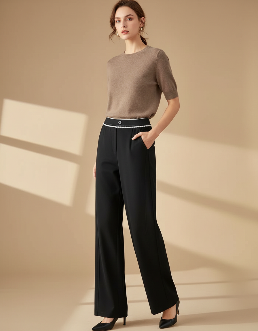 Pantalon Chino Noir Élastique Droit Rayure Blanche Femme - Polyester