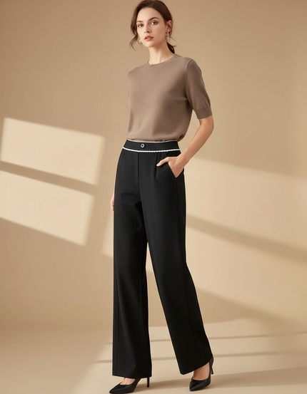 Pantalon Chino Noir Élastique Droit Rayure Blanche Femme - Polyester