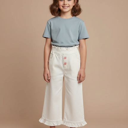 Pantalon Chino Écru Large Froncé Fille Boutons - Blanc Jean