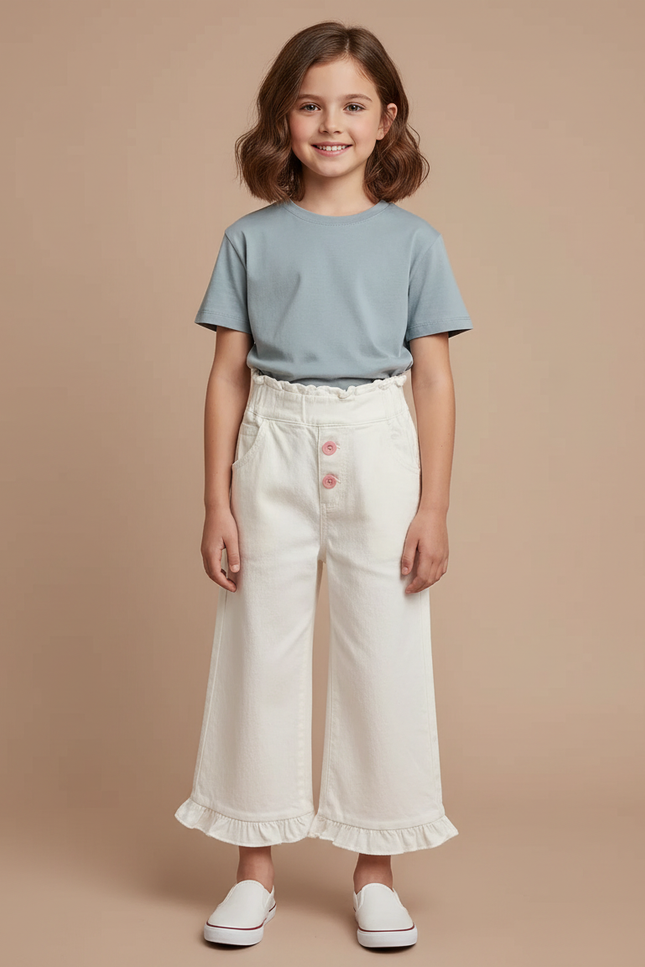 Pantalon Chino Écru Large Froncé Fille Boutons - Blanc Jean