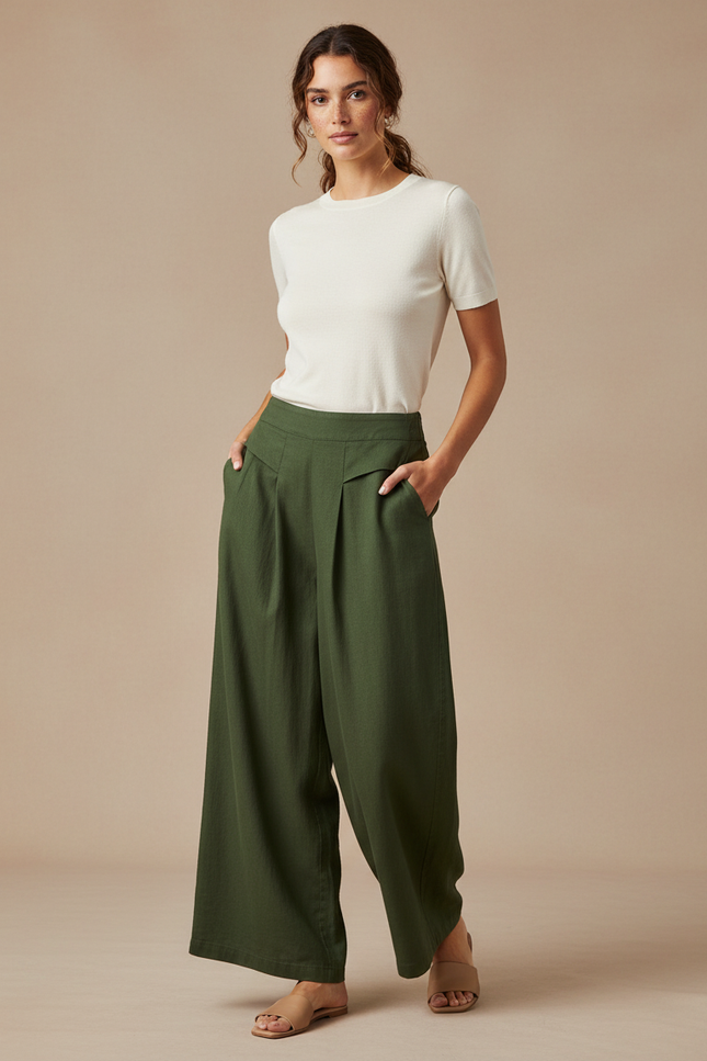 Pantalon Chino Vert Ample Fluide Décontracté Femme - Lin