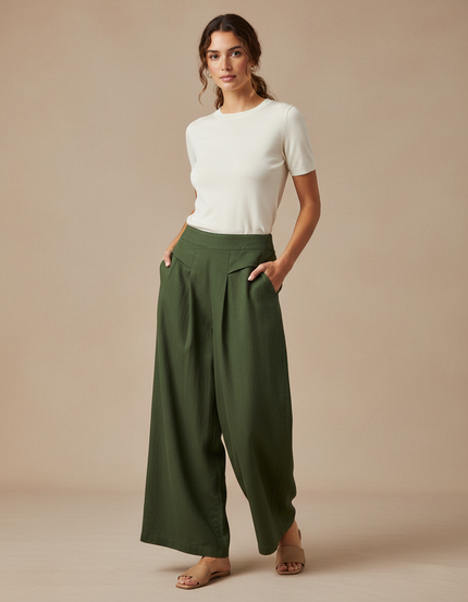 Pantalon Chino Vert Ample Fluide Décontracté Femme - Lin