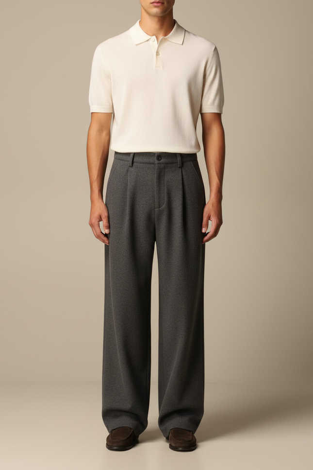 Pantalon Chino Gris Laine Ample Plissé Homme