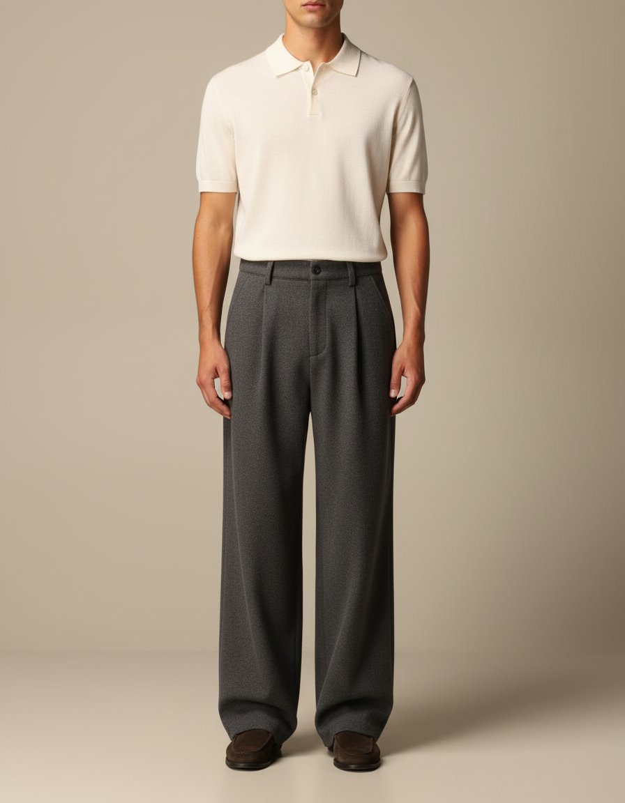 Pantalon Chino Gris Laine Ample Plissé Homme