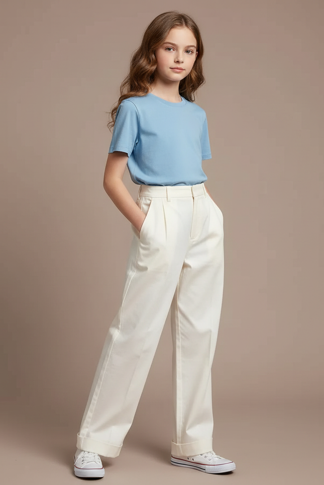 Pantalon Chino Écru Plissé Ample Décontracté Enfant - Beige Coton