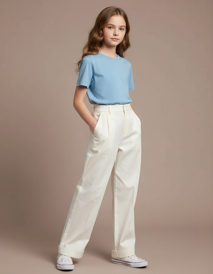 Pantalon Chino Écru Plissé Ample Décontracté Enfant - Beige Coton