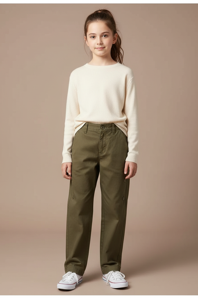 Pantalon Chino Kaki Ample Décontracté Fille Coton