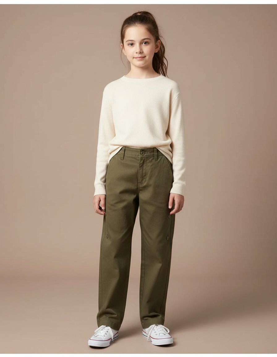 Pantalon Chino Kaki Ample Décontracté Fille Coton