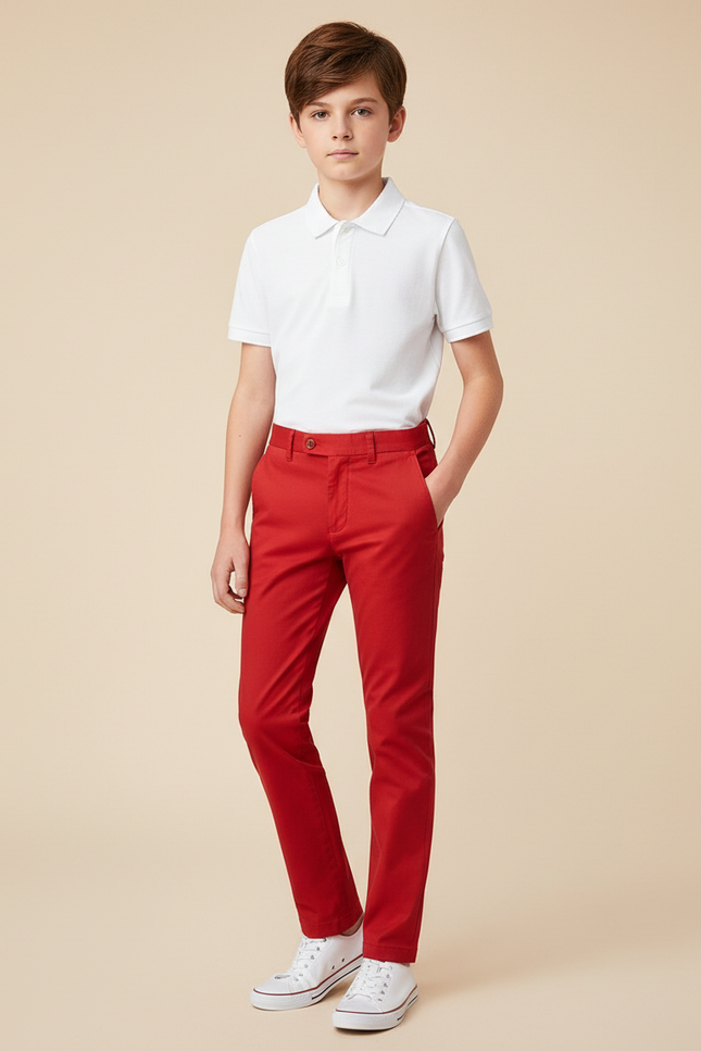 Pantalon Chino Rouge Enfant Coton Slim Élégant