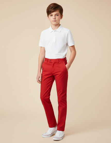 Pantalon Chino Rouge Enfant Coton Slim Élégant