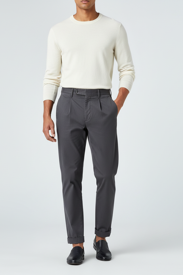 Pantalon Chino Gris Plissé Coton Décontracté Homme