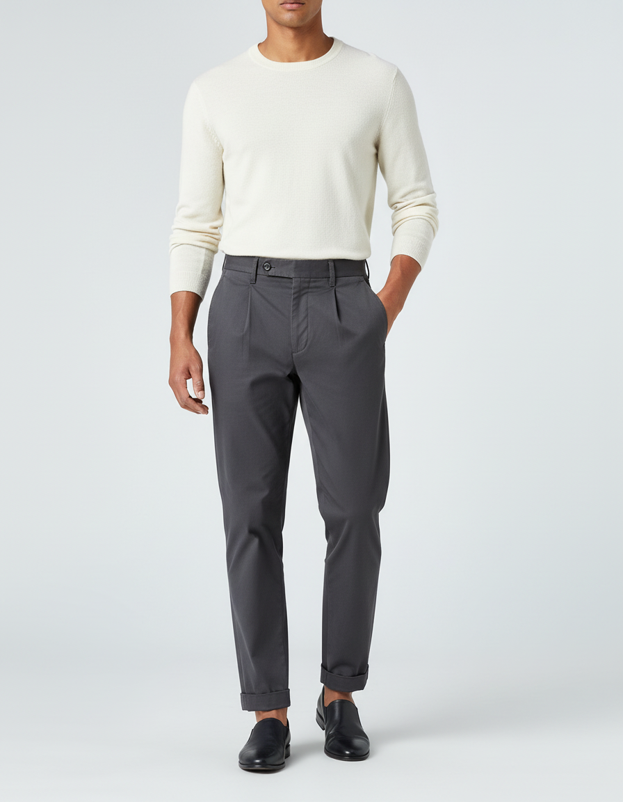Pantalon Chino Gris Plissé Coton Décontracté Homme