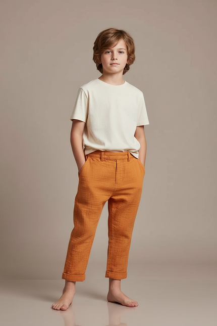 Pantalon Chino Orange Lin Plissé Enfant Décontracté