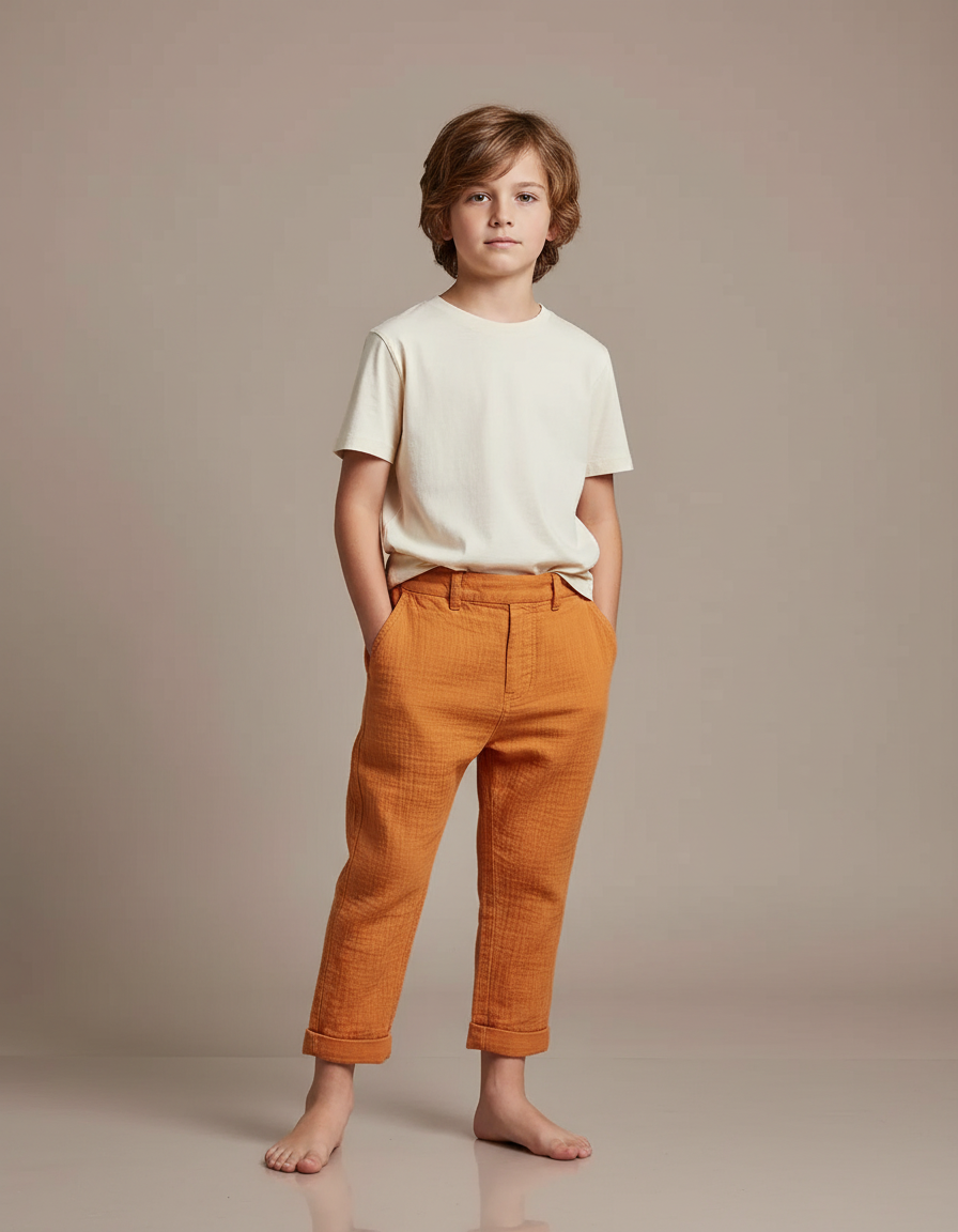 Pantalon Chino Orange Lin Plissé Enfant Décontracté